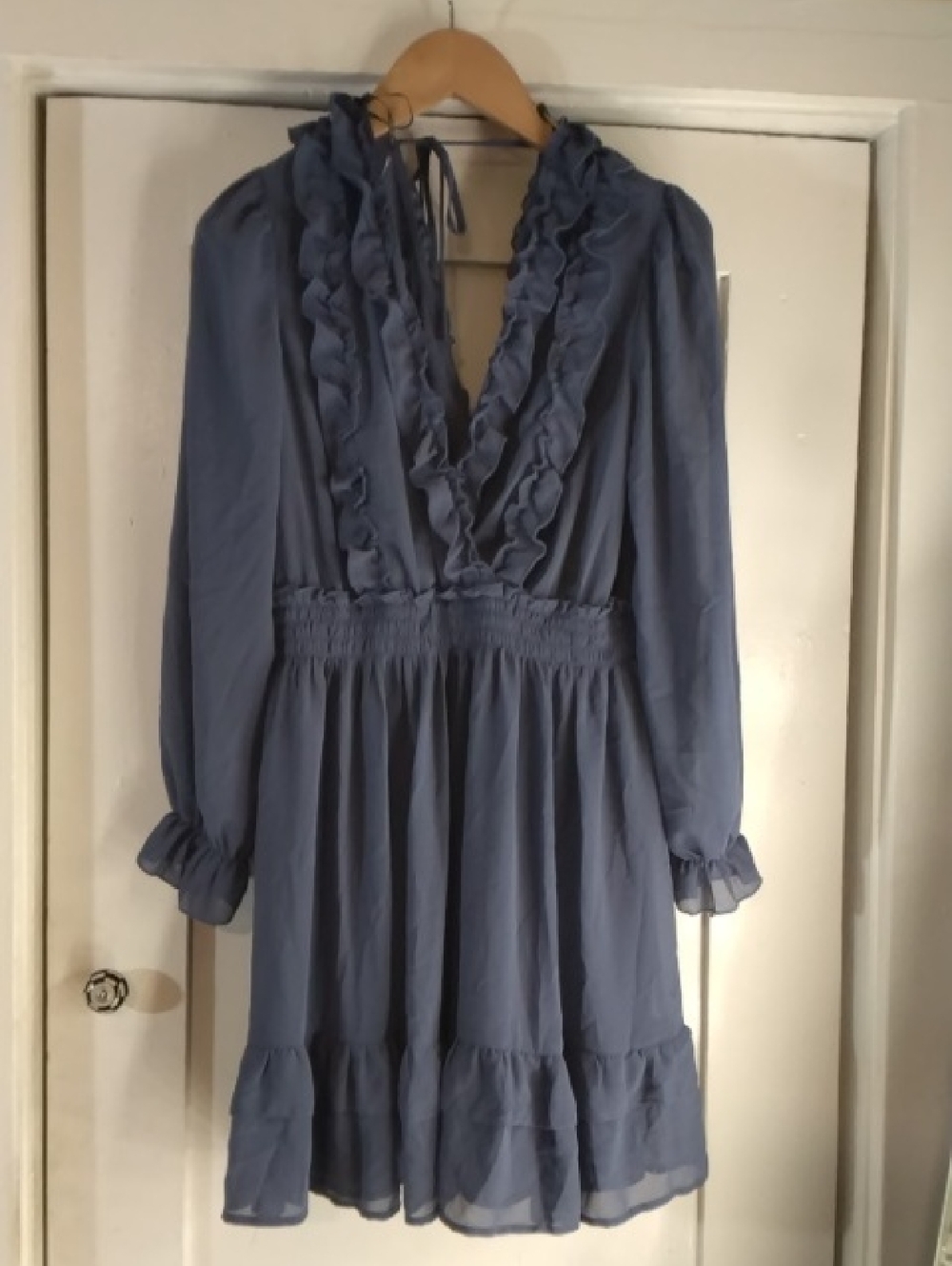 Forever 21 Dusty Blue Ruffle V-Neck Long Sleeve Dress